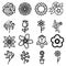 Flowers flat line icons. Beautiful garden plants - chamomile, sunflower, rose flower, lotus, carnation, dandelion, violet blosso