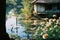 flowers in front of a house by a pond with water lillies