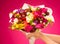 Flowers, fruit bouquet, pink callas, garnet, lychees, freesia, p