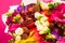 Flowers, fruit bouquet, pink callas, garnet, lychees, freesia, p