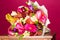Flowers, fruit bouquet, pink callas, garnet, lychees, freesia, p