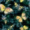 Flowers, glowing butterflies, hand written text note at black background. Watercolor. Seamless pattern