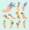 Flowers in hands. Beauty ladies hand holding various colored bouquet lady fresh plants vector cartoon collection