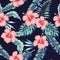 Flowers hibiscus pink monstera palm leaves pattern seamless