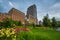 Flowers in Hudson River Park and buildings in Tribeca, in Manhattan, New York City