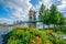 Flowers and the John A. Roebling Suspension Bridge in Cincinnati, Ohio