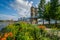 Flowers and the John A. Roebling Suspension Bridge in Cincinnati, Ohio