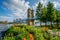 Flowers and the John A. Roebling Suspension Bridge in Cincinnati, Ohio