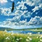 flowers by the lake in the morning. Beautiful summer landscape. Ai generated