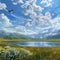 flowers by the lake in the morning. Beautiful summer landscape. Ai generated