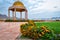 Flowers leading to the gazebo dome.