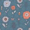 Flowers, leaves and bugs vector seamless pattern. Spring and summer floral pale grey background