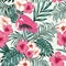 Flowers leaves flamingo seamless tropical pattern background