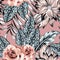 Flowers leaves seamless pattern pink background