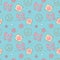 Flowers, love words, stars and wrappers on the blue background in cartoon style of 70s . Abstract seamless pattern