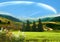 Flowers and mountain on blue cloudy  sky wild field  trees and grass nature landscape