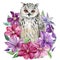 Flowers and owl on an isolated white background. Watercolor illustration, poster with an owl