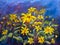 Flowers painting, yellow wild flowers daisies, orange sunflowers on a blue background, oil paintings landscape impressionism artwo