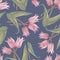 Flowers pink tulip drawing in color pencils. Spring seamless pattern.