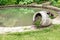 Flowers are planted in broken decorative pot near the pond