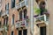 Flowers and plants in balcony of old, historical, typical building in Venice