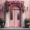 flowers and plants on the outside of pink doors of a building