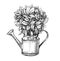 Flowers in a pot. Bouquet and watering can in sketch style. Gardening vintage vector illustration