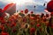 Flowers Red poppies blossom on wild field. Australia New Zealand Army Corps. Red poppy flowerrs and text on white