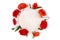 Flowers red poppies  corn poppy, corn rose, field poppy  with white circle paper card note with space for text on a white