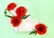 Flowers red poppies  corn poppy, red weed  in postal envelopeon and blank sheet with space for text a green paper background.