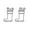 Flowers in rubber boot. Linear icon of garden decoration. Black simple illustration of upcycling, reuse of old things. Contour