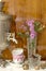 Flowers, samovar, tea cups and chocolates
