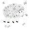 Flowers sheep monochrome sketch, coloring page anti-stress stok vector illustration for print