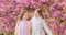 Flowers soft pink clouds. Children enjoy warm spring. Lost in blossom. Girls posing near sakura. Kids on pink flowers of