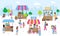 Flowers street market with people selling and shopping plants and flowers at florists on street, cartoon line vector