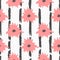 Flowers on striped background painted with rough brush. Floral seamless pattern.