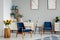 Flowers on table between blue armchairs in living room interior with posters and sunflowers. Real photo