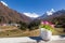 Flowers vase in front Ama Dablam mountain peak. Nepal.