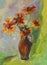 Flowers vase oil painting. A red-brown floral sketch