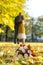 Flowers, wedding bouquet of white roses and maple leaves on fall