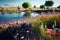 Flowery countryside with a lake. AI art generated