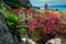 Flowery promenade with rustic stone houses in Omis, Dalmatia, Croatia
