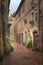 Flowery streets on a rainy spring day in a small magical village Pienza