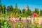 Flowery view of the Generalife and the Alhambra Palace in Granada, Andalusia, Spain.