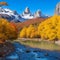 A flowing creek and autumn leaves frame the majestic Mount on a beautiful day Generative AI