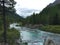 Flowing forest blue river. Kucherla river in Belukha national park, Altai mountains, Siberia, Russia