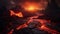 Flowing magma lava field, glowing lava and magma flows