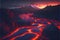 Flowing river of lava from erupting volcano