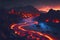 Flowing river of lava from erupting volcano