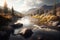 Flowing river with mountains in the background at midday nature landscape, generative AI